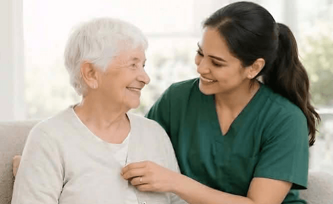 Caregiver assisting an elderly woman